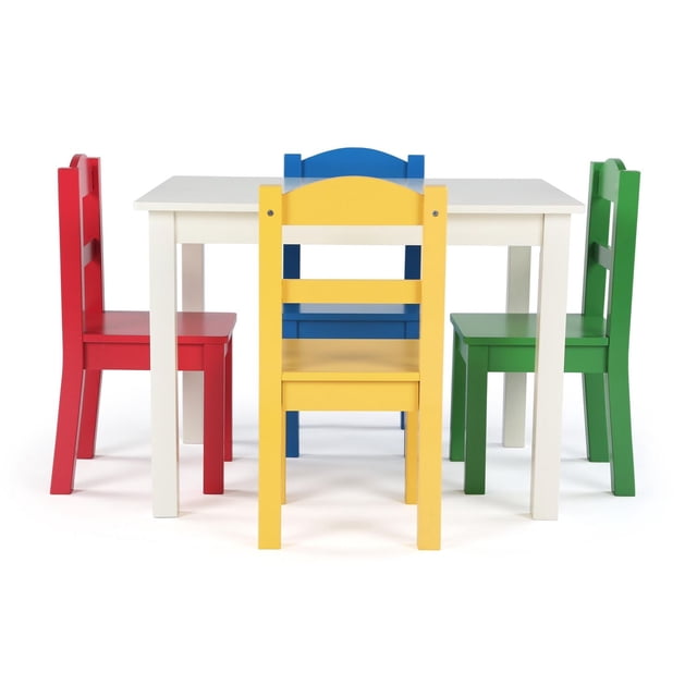 Humble Crew Kids Table and Chair Set (4 Chairs Included) with a white rectangular table and four solid wood chairs in red, yellow, blue, and green. Sized for toddlers and preschoolers, this durable set is suitable for homework, arts and crafts, and play activities in kids' rooms or playrooms.