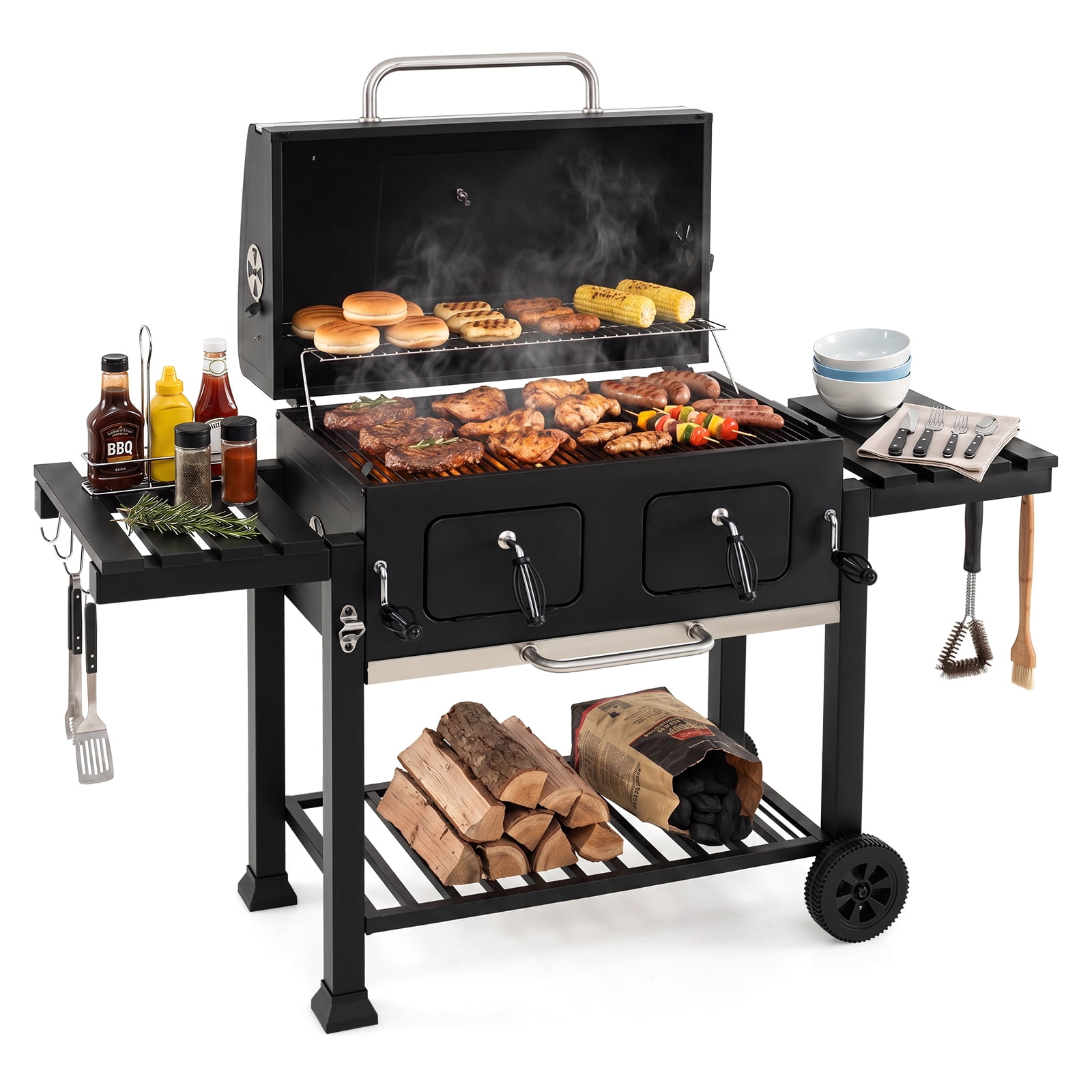 Gymax Large Charcoal Grill752 sq.in Oversized Patio Smoker BBQ Grill w/Charcoal Trays