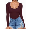 thumbnail image 2 of Womens Long Sleeve Shirts Fitted Tops Scoop Neck Slim T Shirts Going Out Tops Basic Tees Claret, 2 of 6
