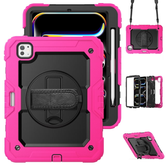 XYX For iPad Pro 11 inch Case 2024 (M4), 360 Rotating Shockproof Cover with Stand, Screen Protector, Shoulder Strap, Rose