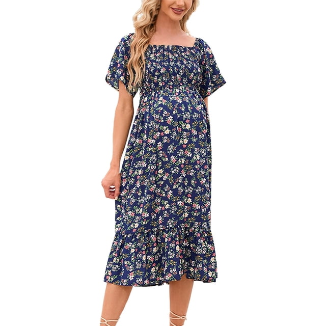 MEZZALL Robe Femme Florale à Encolure Carrée Robes Midi Robe de Maternité Enceinte Décontractée Robe Trapèze Longue Fluide à Smocks Robe Classique Tenue Quotidienne S