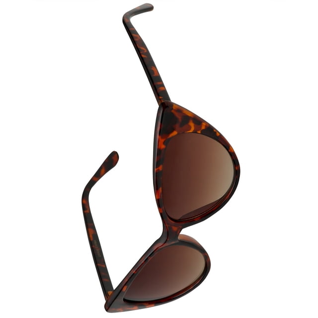 grinderPUNCH Female Cat Eye Celebrity Style Adult Sunglasses with a tortoiseshell-patterned frame, sharp cat-eye shape, and brown-tinted lenses. The design is angled to highlight the frame's bold style and curved arms.