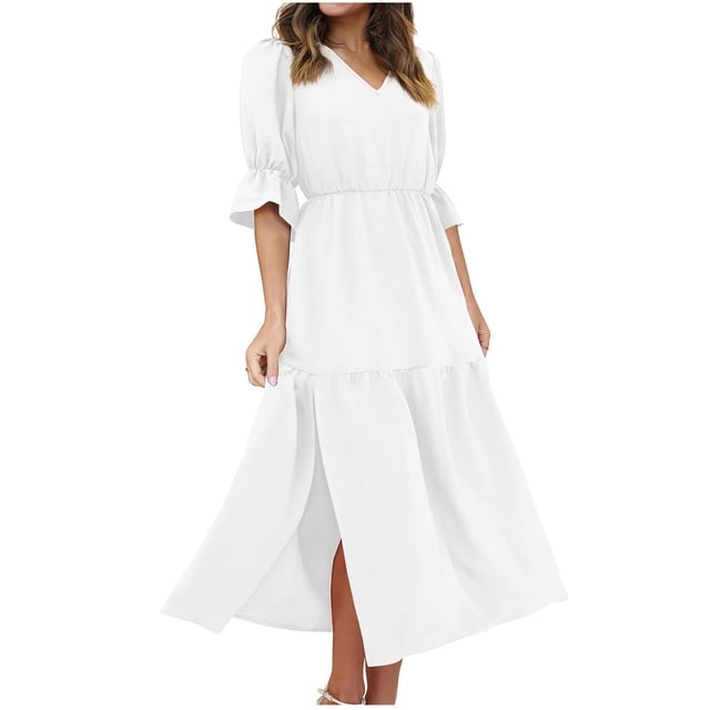 Cameland Robe Femme Mode à Manches Mi-Longues, Col en V, Ample, Unie, Longueur Cheville, Longue Fendue