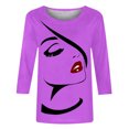 thumbnail image 4 of Penkiiy Hauts pour Femmes Mode Femmes T-shirt Imprimé Mi-Long Manches 3/4 Blouse Col Rond Hauts Décontractés Violet Vêtements Y2K, 4 of 4