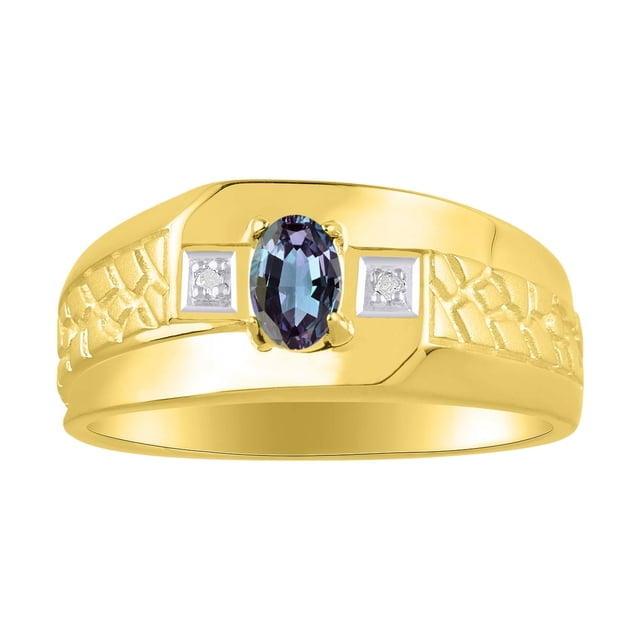 RYLOS Men's Rings 14K Yellow Gold Classic Nugget 6X4MM Oval Gemstone & Diamond Ring Alexandrite June Birthstone Rings Size 13