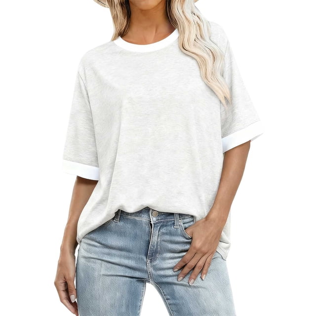 Staron Plus Size T-Shirts for Women Casual Patchwork Color Round Neck Short Sleeve Loose Comfy Basic Spring Summer Top, Gray 3XL