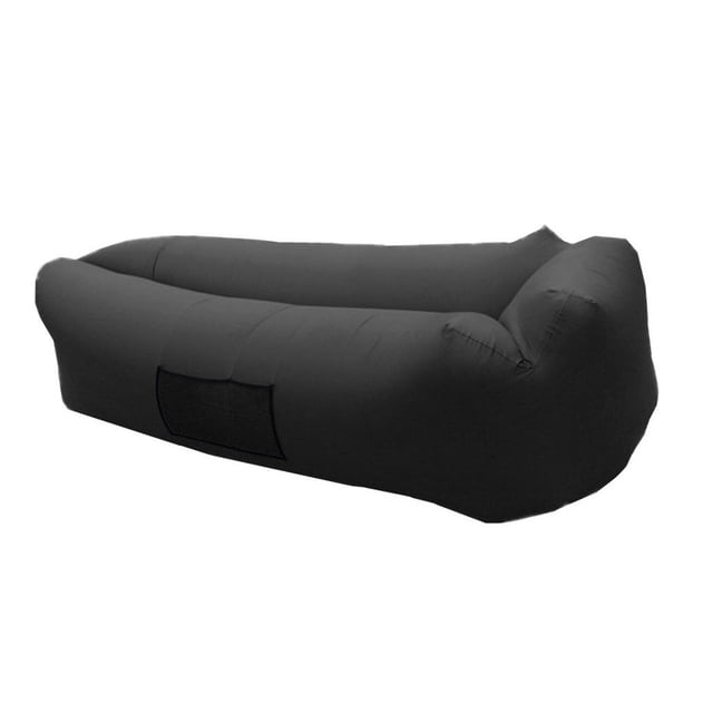 EQWLJWE Ergonomic Inflatable Lounger Beach Bed Camping Chair Air Sofa Couch Hammock with Pillow in black, made of waterproof and anti-air leaking single-layer nylon fabric. Features a portable, fast-inflating design that requires no pump, with a weight capacity of 200kg. Includes a storage bag for easy transport, ideal for hiking, travel, beach, or park use.