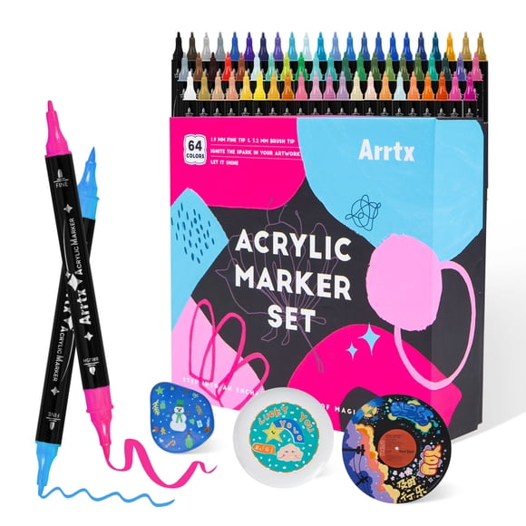 Arrtx Marqueurs de Peinture Acrylique, 64 Couleurs Pointe Fine et Pointe Pinceau, Marqueurs de Peinture Acrylique à Base d'Eau pour Peinture sur Roche, Céramique, Verre, Bois, Tissu, Toile, Bricolage, Fournitures d'Art