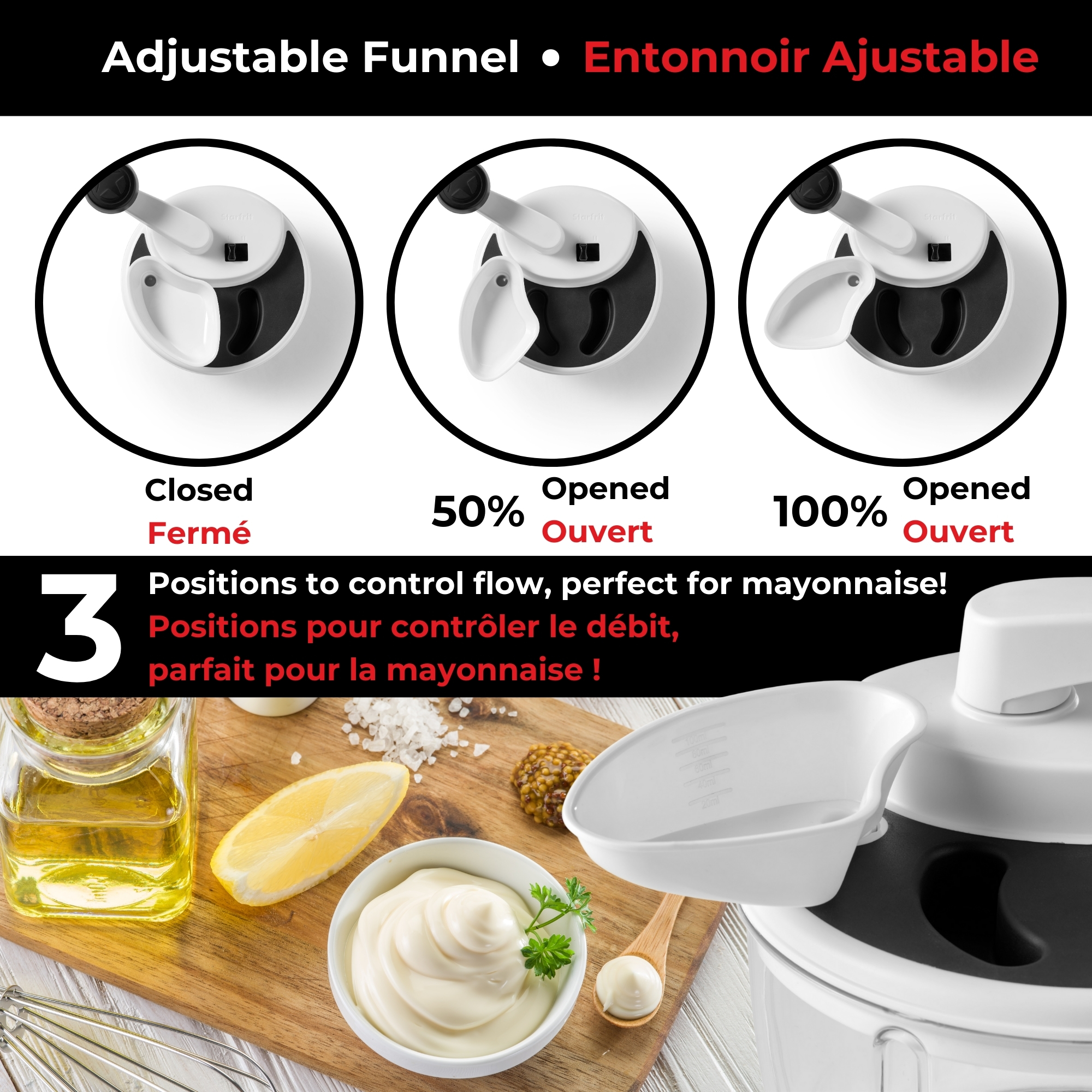 Starfrit Pro Food Processor & Mixer 3-in-1 Manual Food Chopper, Whisk & Salad Spinner, Ice Crushing, 2 Speeds, 1L Bowl, Salsa, Hummus, Mayo & Dressing