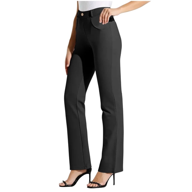 Soki Dress Pants Women Work Business Pants Tummy Control Office Straight Leg Trousers High Waisted Ladies Slacks in black. These women's slacks feature a high-waisted design with straight legs, a button closure, and functional pockets. Made from lightweight, breathable fabric, they are ideal for work, casual outings, or formal occasions. The model pairs them with a white top and black heels, showcasing their versatility as office trousers.