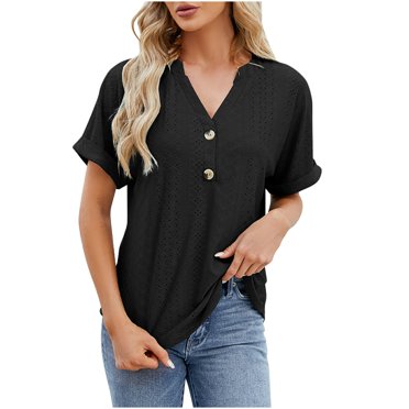 FAIWAD Women's Short Sleeve Tunic Tops V Neck Button Down Loose Casual Tops Basic Breathable Tops