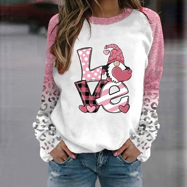 Qertyioot T-Shirt Graphique pour Femmes de la Saint-Valentin à Manches Longues, Blouse Imprimée à Col Rond, Tunique Décontractée