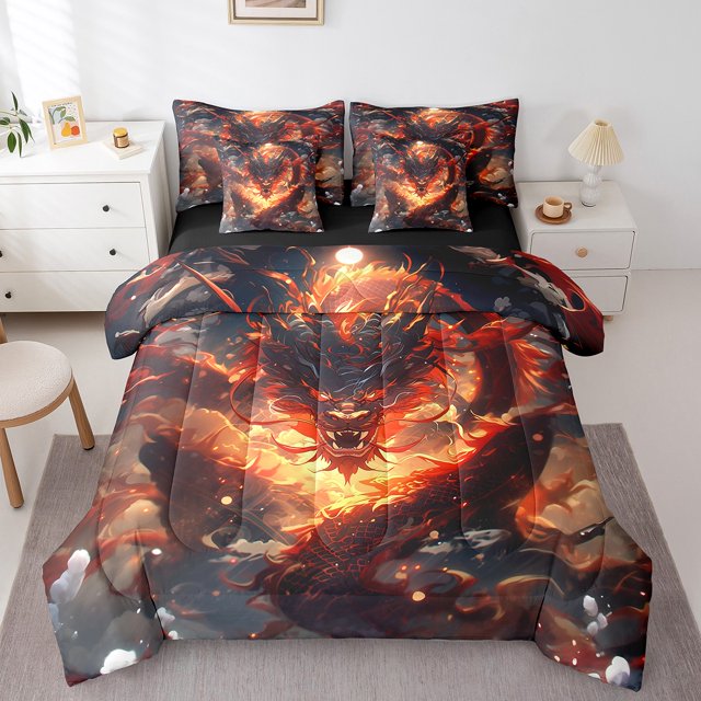 Ensemble de literie YST Western Dragon, 7 pièces, ensemble de couette magique pour animaux, taille réelle, noir et rouge, thème imprimé lune