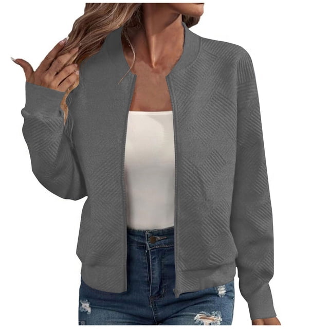 WRKEKC Women's Arrival Zip Front Jacket Solid Color Long Sleeve Modern Minimalist Style Everyday Essential No Hood Plus Sizes Gray S