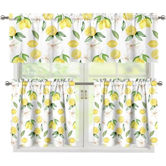 Yellow Lemon Kitchen Curtains Window Curtains and Valance Set 3 Piece Curtains Swag for Bedroom Living Room, Tier Curtains 24 Inch with Valance