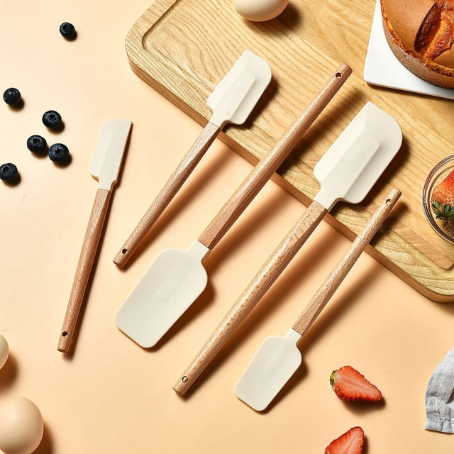 Cagogo Silicone Spatula Set, 5-Piece Wooden Handle Kitchen Utensils, Non-Stick Heat Resistant Scrapers for Baking Mixing Cooking, Dishwasher Safe Scraper Set for Cakes Batters Frosting, Kitchen