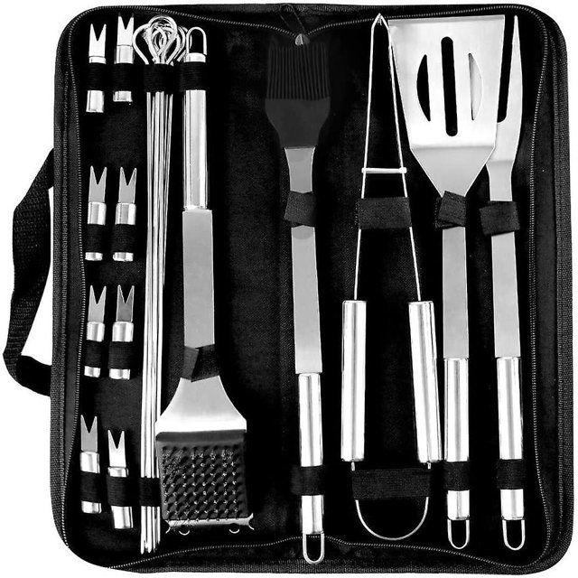 Bbq Barbecue Tool Set, 20 Pcs Stainless Steel Barbecue Accessories with storage bag displayed in an open black case. Includes grilling tools such as a basting brush, BBQ clip, barbecue fork, shovel, wire brush, corn holders, and barbecue sticks, ideal for outdoor grilling and portable BBQ setups.
