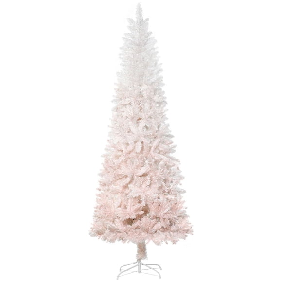 HOMCOM 7FT Pencil Artificial Christmas Tree with Pine Realistic Branches, Auto Open, Pink and White