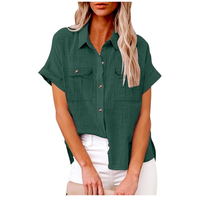 fheaev Button Up Shirts For Women Roll Up Short Sleeve Button Down Cotton Linen T-Shirts With Pocket V-Neck Work Tunics Blouse Collared Tops