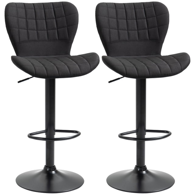 HOMCOM Bar Stools Set of 2 Adjustable Height Swivel Bar Chairs with Back. These bar stools feature black linen fabric upholstery with a quilted design, padded wide seats, and mid-back support for comfort. The adjustable height and swivel functionality make them versatile for kitchen counters or dining bars. Each stool has a sturdy round metal base with a footrest and rubber pads for stability and slip resistance. Dimensions: 18.5 inches wide, 20.3 inches deep, and adjustable height from 35 to 43 inches. Weight capacity: 264 lbs.
