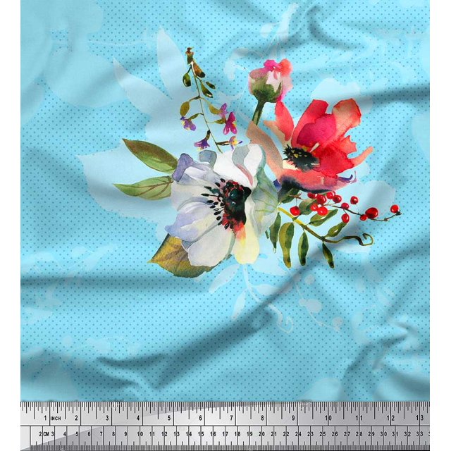 Soimoi Poly Georgette Fabric Dot,Leaves & Anemone Flower Print Fabric by the Yard 42 Inch Wide