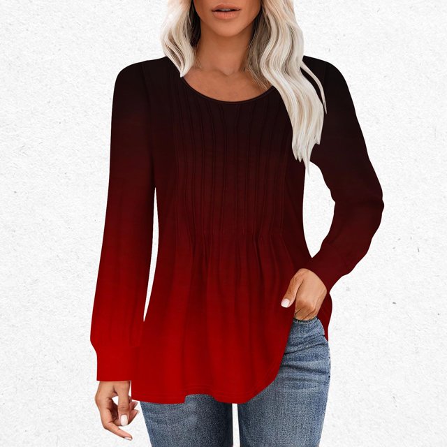 RXIRUCGD T-Shirts à Manches Longues Dégradés pour Femmes, Décontractés, Mode, Amples, Plissés, Col Rond, Bordeaux, Taille : L