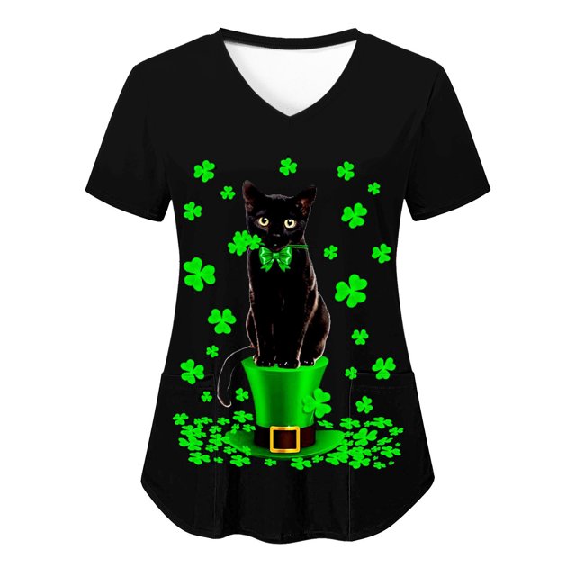 Birdeem Mode de la Saint-Patrick pour Femmes, Col en V, Décontracté, Manches Courtes, Imprimé, Poches, Hauts Blouse pour Dames