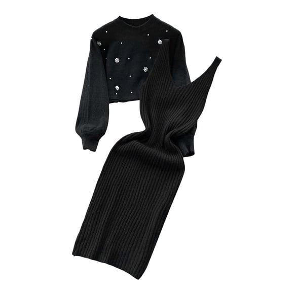 Set For Women Fashion Knitted Dress Two Piece Suit Pullover Top And Dress Bodycon 2 Piece Set Jumper Midi Dress Knitted Dress Set Long Skirt Suit Black One Size