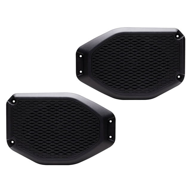 MB Quart 6 x 9-inch rear speaker soundbar mounting kit for Jeep Wrangler (JL) 2018-2023 and Jeep Gladiator (JT) 2020-2023. Black powder-coated mounting plates with hexagonal grille design, ensuring durability and enhanced acoustic performance. Includes adapter brackets, wiring harnesses, and cutout templates for seamless installation in the rear soundbar location, ideal for upgrading car audio systems.