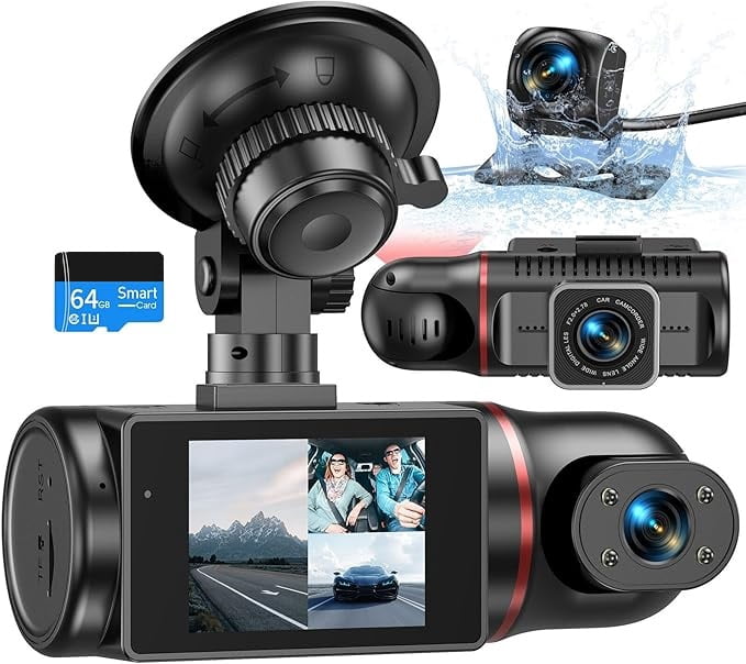 3-Channel Dash Cam Front, Rear, and Cabin Cameras | 64GB U3 SD Card Included | IR Night Vision | Emergency Locking | Parking Monitoring | Wide Dynamic Range (WDR)