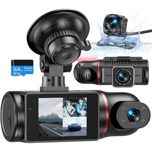 3-Channel Caméras avant, arrière et cabine Dash Cam 64GB U3 SD Carte incluse IR Surveillance du stationnement à grande échelle (WDR)