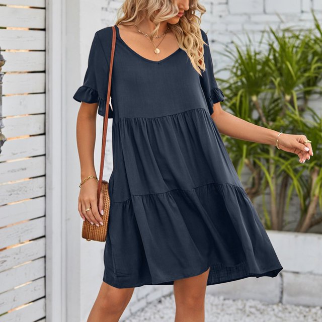 Robes d'Été pour Femmes 2023 Mode Midi Femmes Robe d'Été Col en V Robe de Poupée Couleur Unie Robe Plissée à Trois Couches Robes de Soirée pour Femmes Élégantes et Élégantes en Liquidation