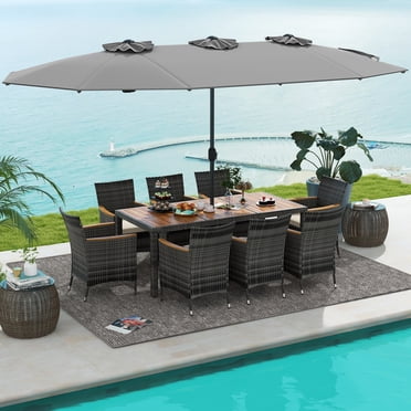 Costway 10 Pieces Patio Wicker Dining Set with Double-Sided Patio Umbrella 8 Armchairs Grey