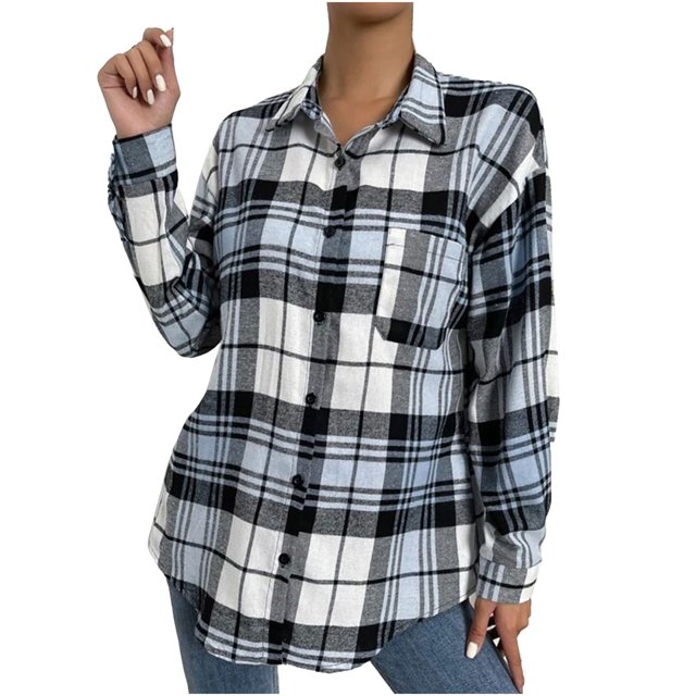 Pompotops Mode Femmes Décontracté Poches Imprimé Manches Longues Hauts Veste Manteau à Carreaux Liquidation