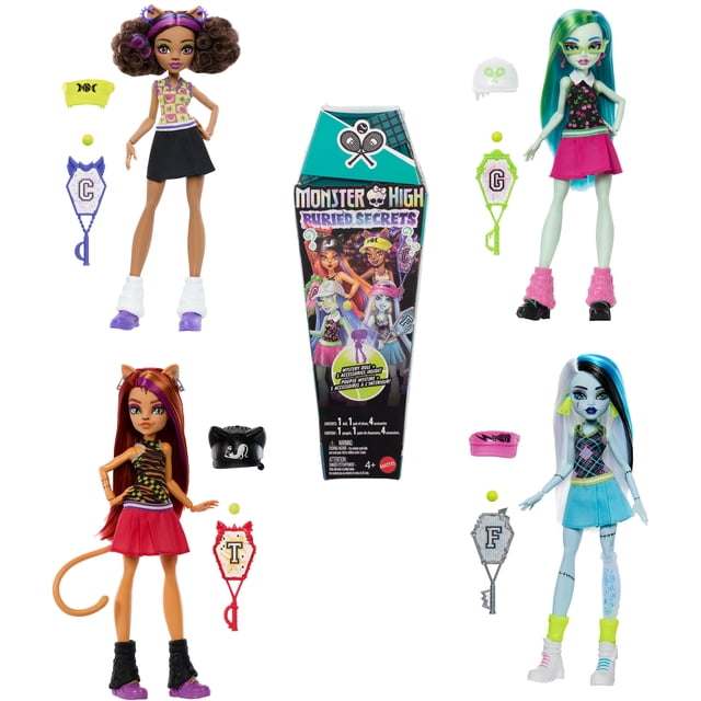 Monster High Buried Secrets Surprise Dolls with Courtside Fang-Out Theme featuring four dolls in tennis outfits with skirts, athletic tops, and accessories including racquets, balls, hats, and leg warmers. Each doll is posed in a fixed stance with unique colors and comes with coffin-shaped packaging revealing a mystery character, suitable for collectors and kids aged 4 and up.