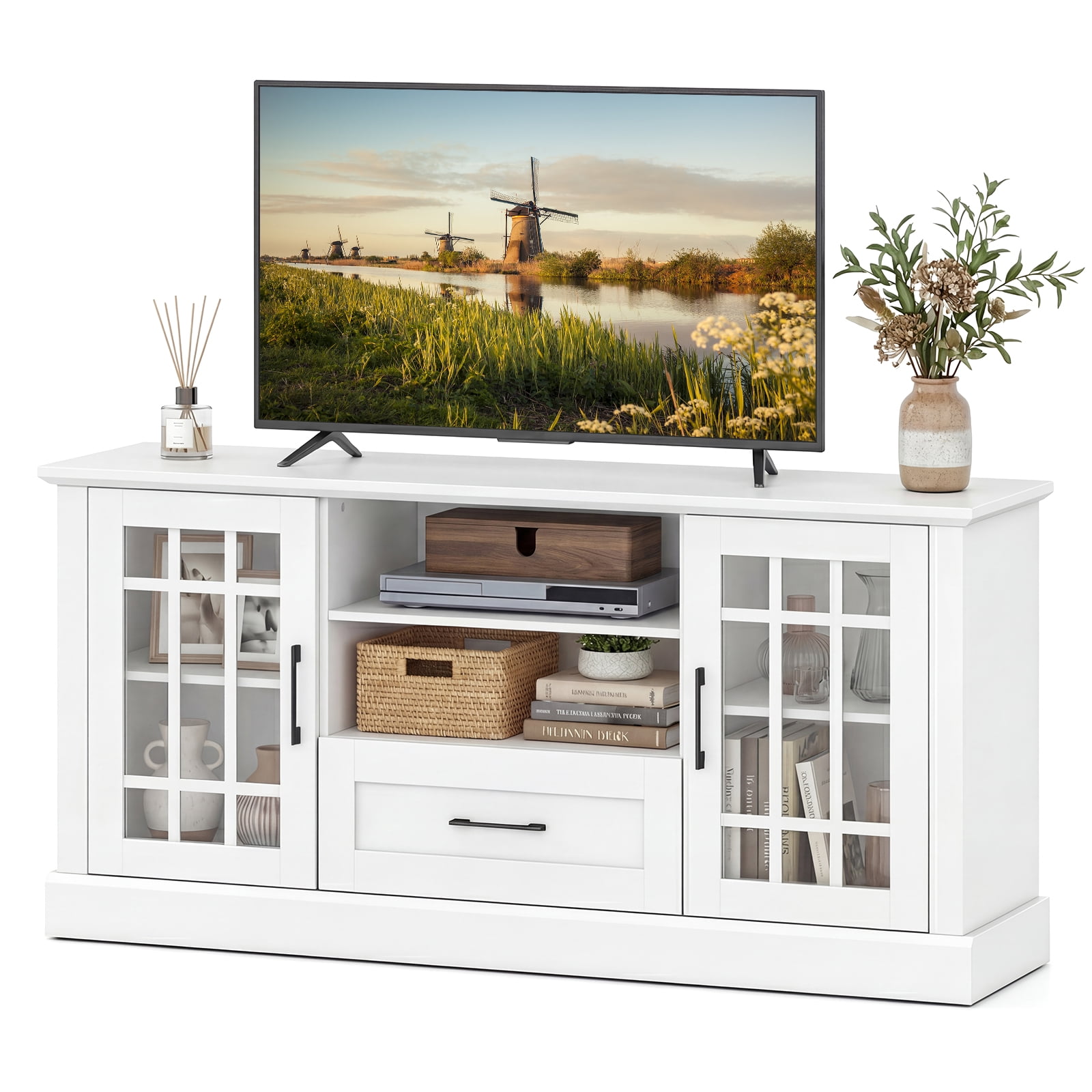 Gymax Meuble TV de style ferme pour téléviseurs jusqu'à 70 po Centre de médias avec portes en verre Compartiments et tiroir