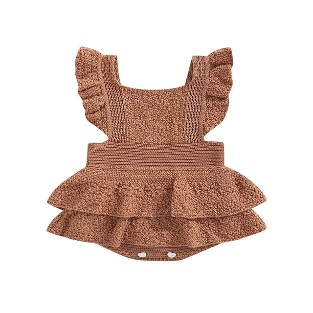 Baby Girls Knitting Rompers Solid Color Fly Sleeve Ruffle Hem Casual Party Street Spring Fall Summer Rompers Brown 3-6 Months