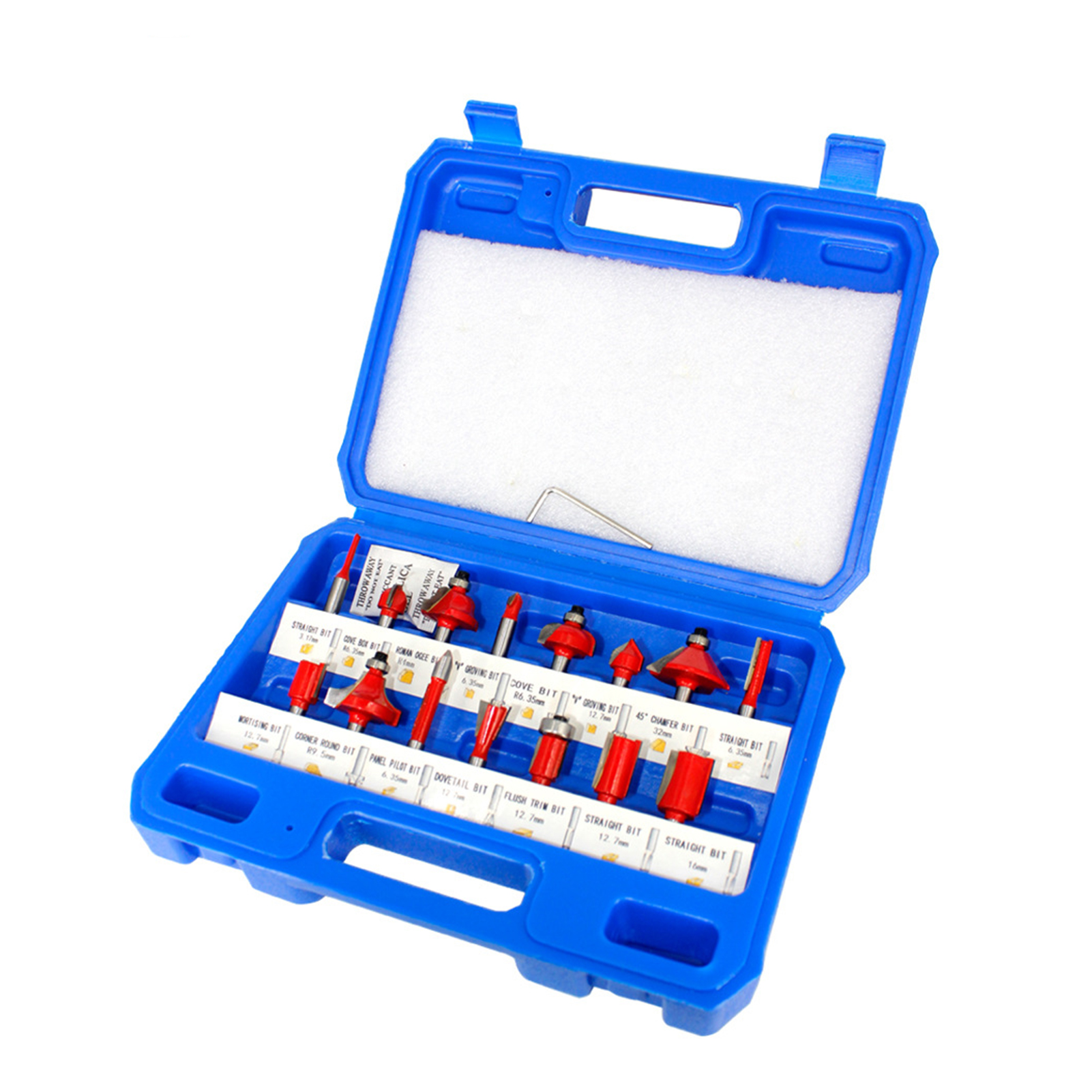15-piece 1/4-inch shank carbide tipped woodworking tool set with plastic case