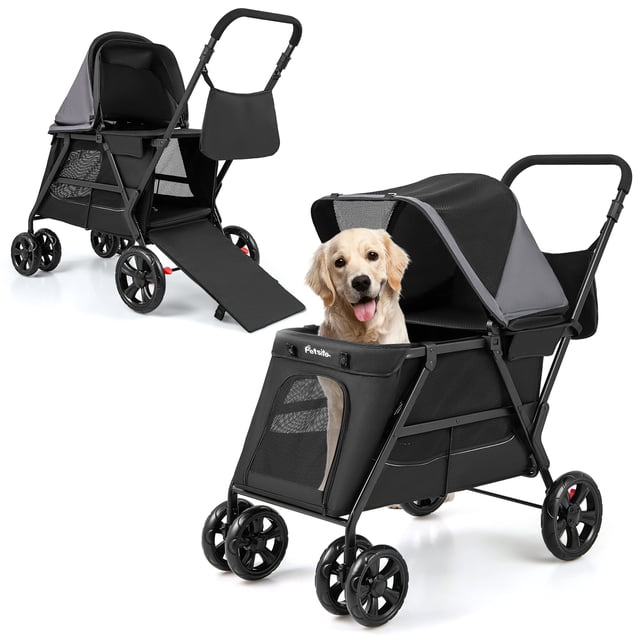 Gymax Poussette pour Petits et Moyens Chiens avec Double Rampe d'Entrée, Conception Pliable et Roues Tout-Terrain. Fabriquée en Tissu Oxford 600D Noir et Fenêtres en Maille pour la ventilation, Elle Présente un Auvent Détachable, une Conception à Entrée Basse et une Rampe Arrière pour un Accès Facile. Comprend des Roues avant Amortissantes, des Roues Arrière avec Freins à Pied et une Poignée Rembourrée pour des Manœuvres Fluides. Convient aux Animaux jusqu'à 66 Lb, Idéale pour les Voyages et l'Utilisation Extérieure.