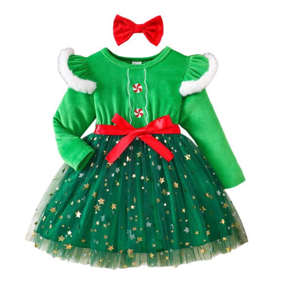 Bwiyojiz Fashion Sizes 90-130 Long Sleeve Round-Neck Mid-Calf Dress Cotton Christmas Baby Girl Striped Long-sleeved Colorful Pompom Mesh Dress, 2 Years, Gifts for Family, Green