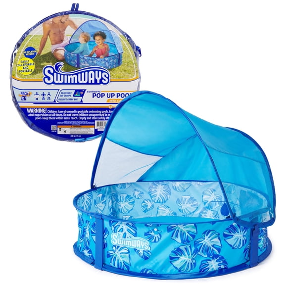 Swimways Elite Pop-Up Above Ground Pool, Baby Pool with Canopy & Carrying Case, Foldable Kiddie Pool for Ages 9-24 Months, Measures 32", Bl