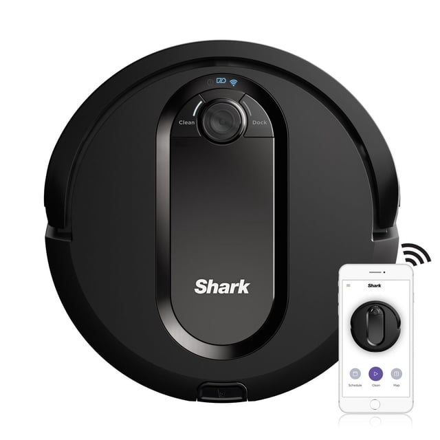 Shark RV990CA EZ Robot Vacuum with row-by-row cleaning, shown top-down in black with a central camera lens and Clean and Dock buttons, alongside a smartphone displaying the Shark app for Wi-Fi and voice control, suitable for multi-surface floors and pet hair.