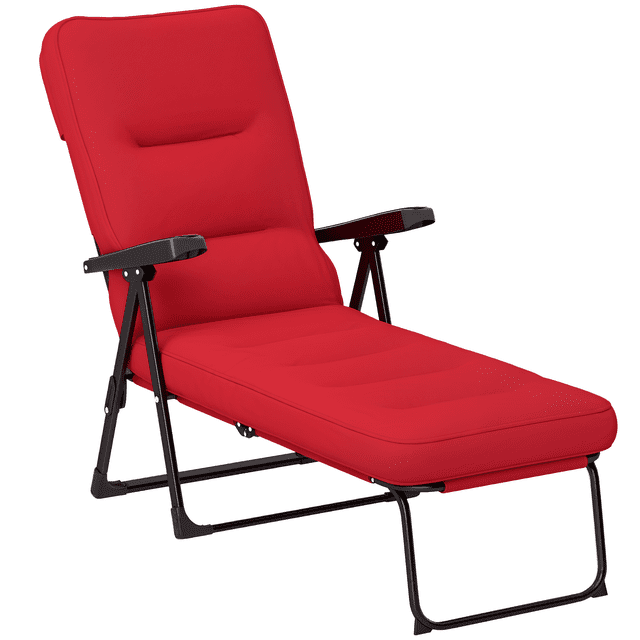 Outsunny Chaise Longue d'Extérieur avec Coussin en Rouge Vin, Dotée d'Un design Pliable et d'Un Siège Rembourré pour un Confort Accru. la Chaise a un Système d'Inclinaison à Quatre Niveaux, un Cadre Robuste en Acier Noir Enduit de Poudre, et un Repose-Pieds. les Dimensions Sont de 24,8 Pouces de Large, 59,8 Pouces de Profond et 39 Pouces de Haut Lorsqu'elle Est Ouverte, et de 24,8 Pouces de Large, 35 Pouces de Profond et 7,5 Pouces de Haut Lorsqu'elle Est Pliée. Convient