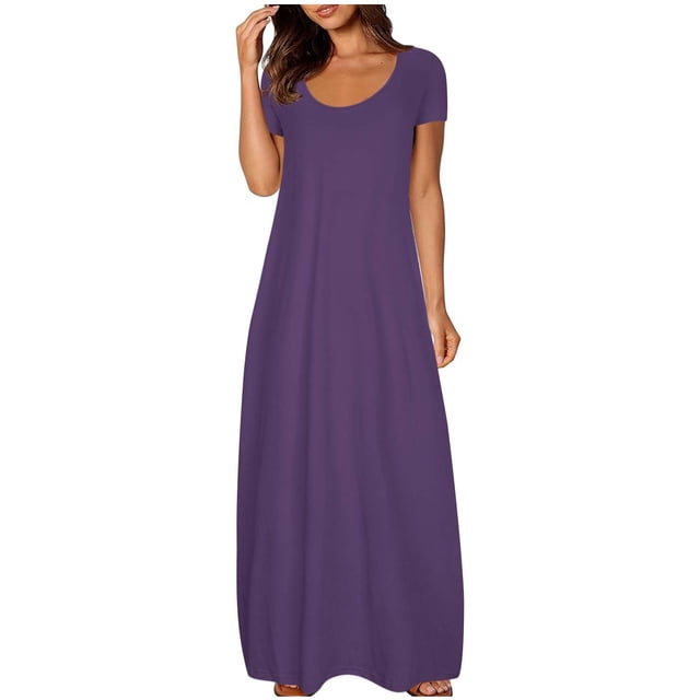 Annhoo Robes d'Été Grande Taille pour Femmes Col Rond Manches Courtes Robe Maxi Décontractée Ample Couleur Unie Longue Robe