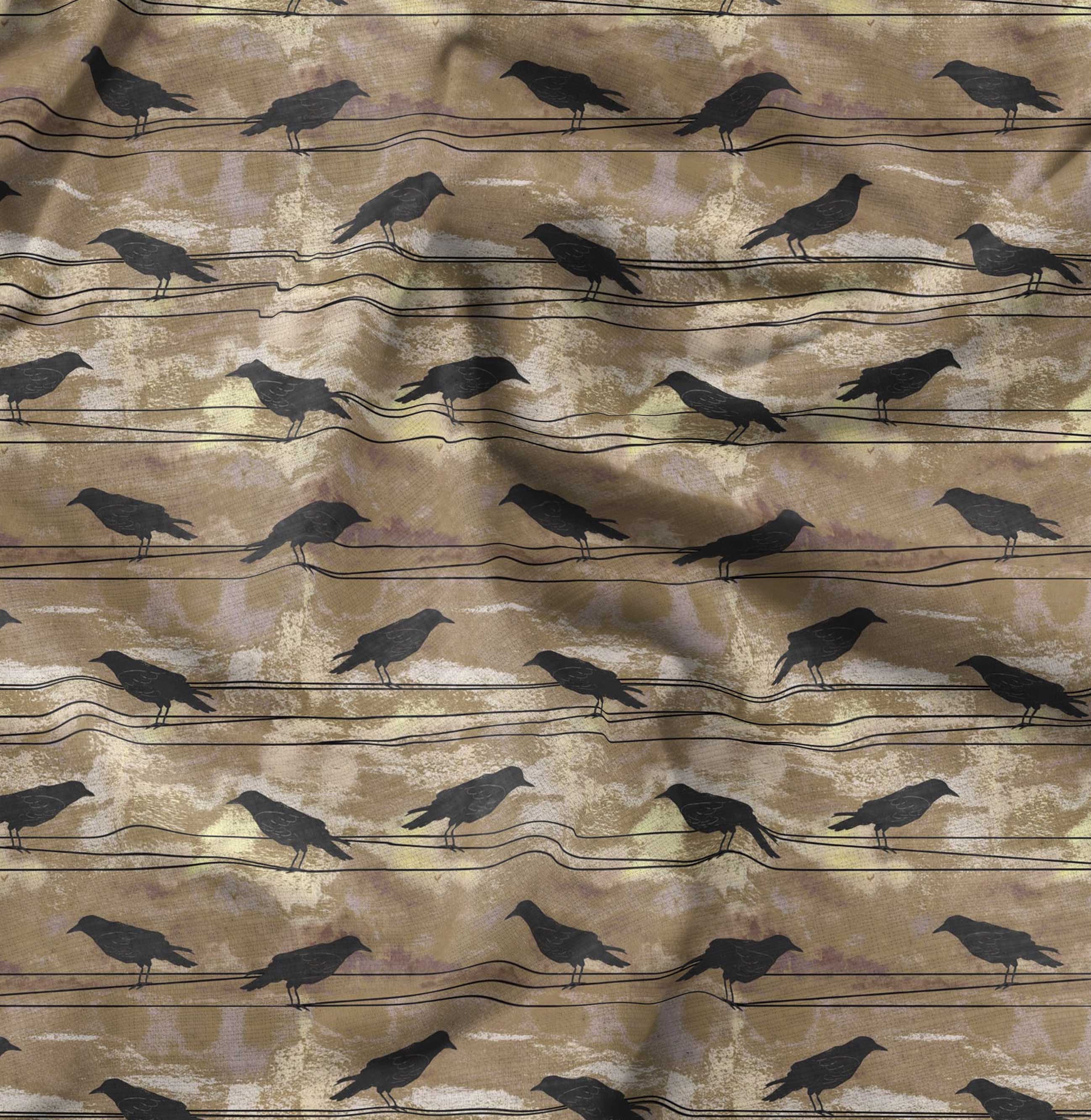 Soimoi Brown Cotton Poplin Fabric Crow Bird Print Fabric by Yard 58 Inch Wide