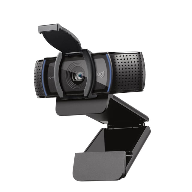 Logitech C920s PRO HD WEBCAM with privacy shutter shown in a front angled view, featuring a black rectangular body with perforated sides, a central glass lens with flip-down cover, and an adjustable clip mount for laptops or monitors, ideal for full HD 1080p video calls and streaming, also suitable for content creation with Logitech Capture app.