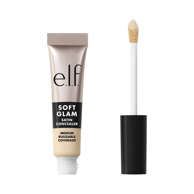 e.l.f. Cosmetics Soft Glam Satin Concealer, 11 Fair Neutral, 6.3 mL, shown as a front-facing squeezable tube with a metallic taupe upper half and beige lower half, black label with white text, alongside a black screw-on cap with a white wand and doe-foot applicator tip coated in creamy concealer, offering medium buildable coverage and a satin finish for face makeup.