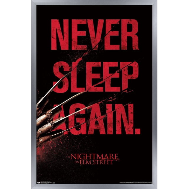 Un Cauchemar sur Elm Street - Affiche Murale de Sommeil, 22,375 Pouces x 34 Pouces Encadrée, avec Texte Rouge Audacieux Usé « Ne Jamais Dormir de Nouveau. » sur Fond Noir et Gant Griffe en Métal de Freddy Krueger Croisant le Texte, Idéal pour l'Art Mural à Thème Horreur dans les Chambres, Bureaux Ou Dortoirs.