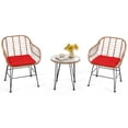 thumbnail image 1 of Patiojoy Ensemble de Mobilier de Patio en Rotin 3 Pcs avec Table à Dessus en Verre Trempé Rond et 2 Fauteuils en Rotin Coussins Rouges, 1 of 9