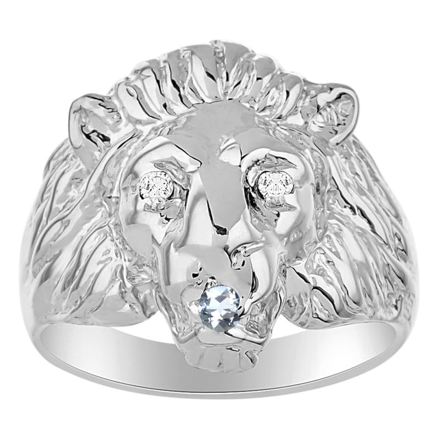 RYLOS Rings Sterling Silver Lion Head Ring Diamonds in Eyes & Gemstone Mouth Fun Designer Rings Blue Topaz Jewelry Size 10